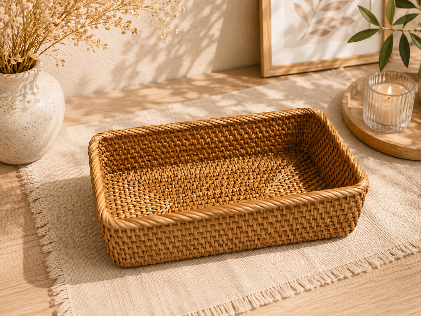 Panier Rotin Rectangulaire Tissé Main - Rangement Bohème