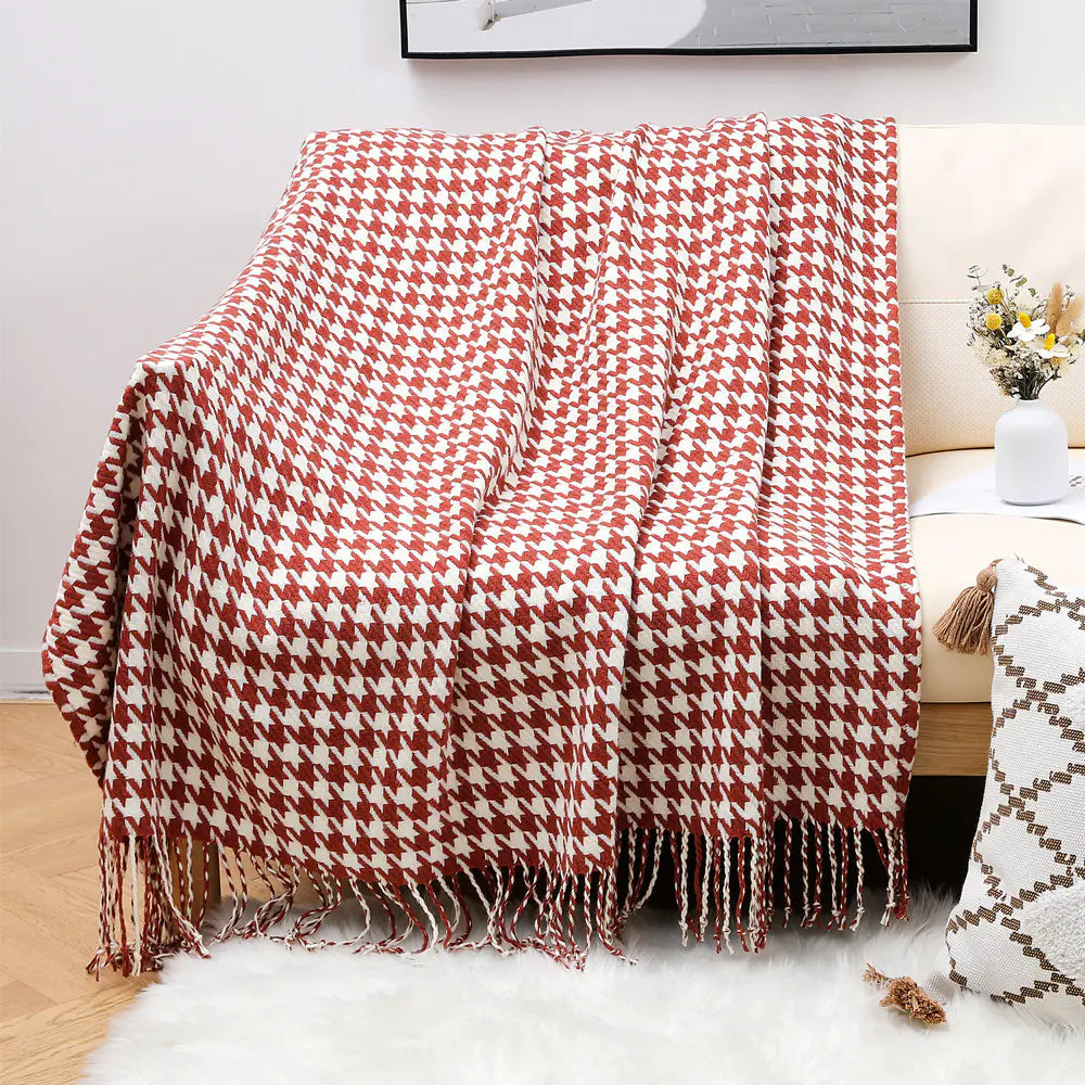 Ins Style Houndstooth Throw Blanket with Fringe