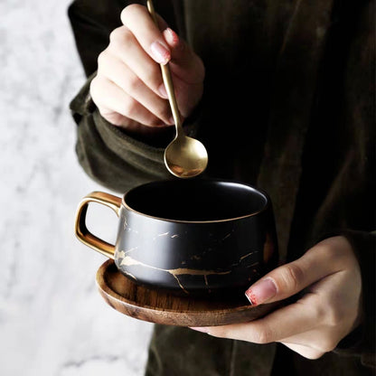 Nordic Gold Trim Ceramic Mug with Saucer for Office