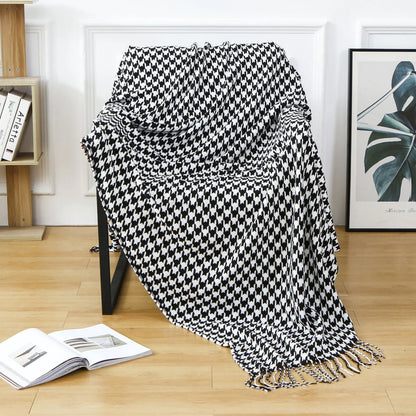 Ins Style Houndstooth Throw Blanket with Fringe