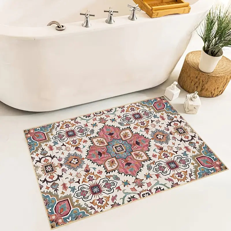 Pink Faux Wool Floral Area Rug - Washable Non-Slip Mat