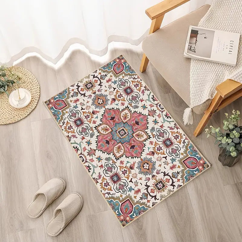 Pink Faux Wool Floral Area Rug - Washable Non-Slip Mat