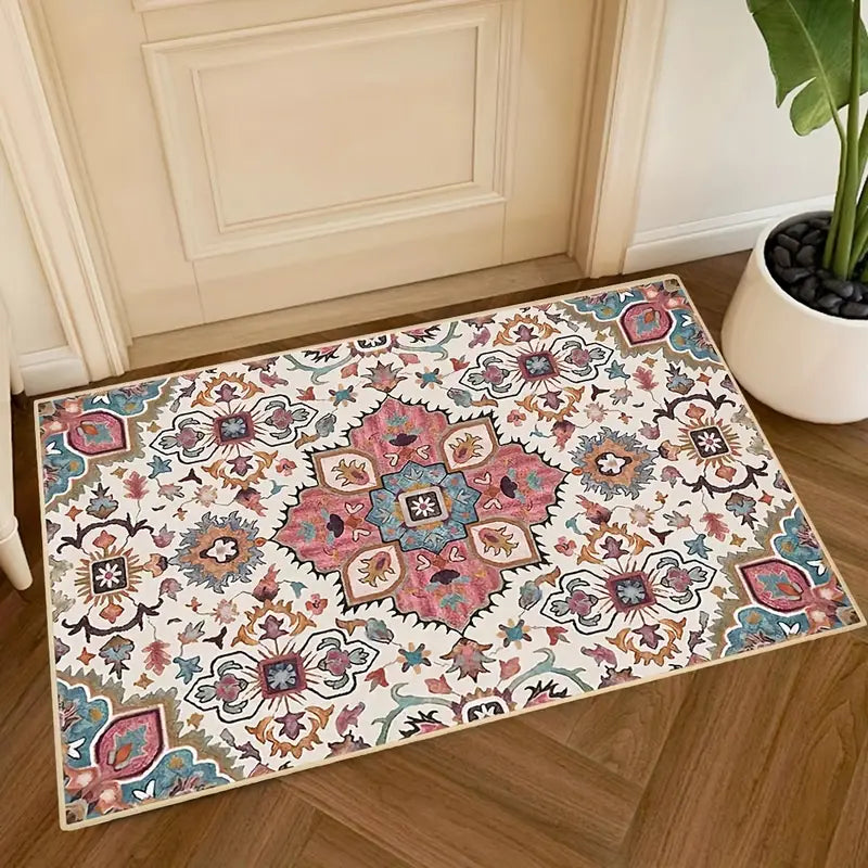 Pink Faux Wool Floral Area Rug - Washable Non-Slip Mat