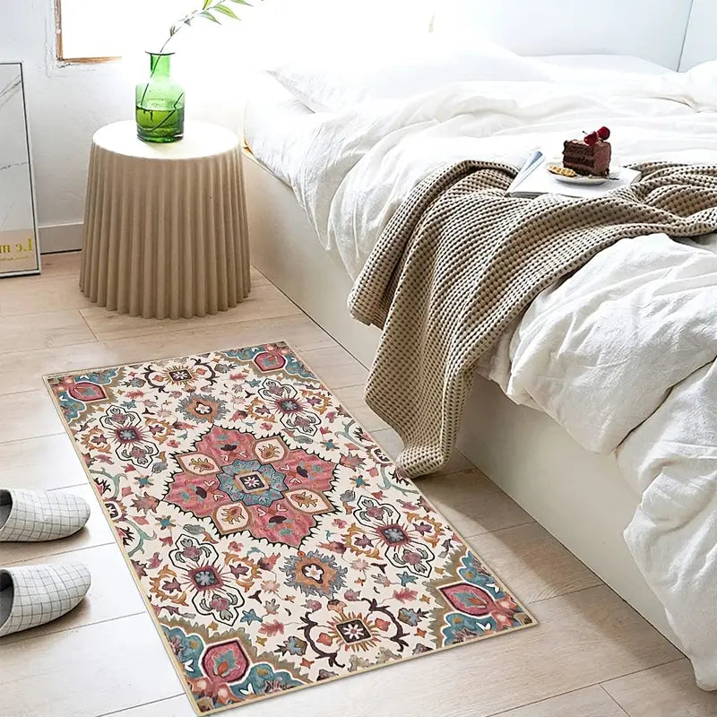 Pink Faux Wool Floral Area Rug - Washable Non-Slip Mat